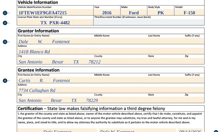 Part of our filled-in example of Texas VTR-271, Limited Power of Attorney for Eligible Motor Vehicle Transactions, showing the filled-in entries