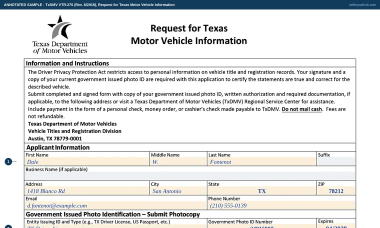 Top of our filled-in example of Texas VTR-275, Request for Texas Motor Vehicle Information