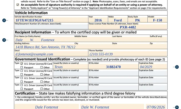 Part of our filled-in example of Texas VTR-34, Application for a Certified Copy of Title, showing the filled-in entries