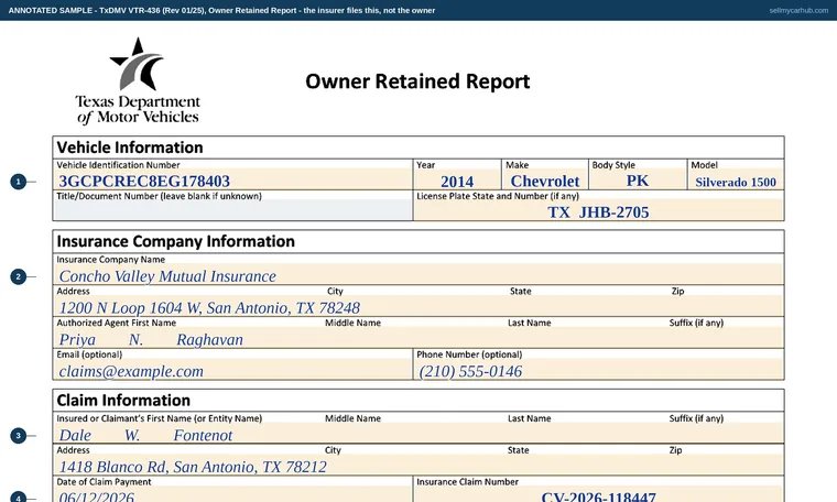 Top of our filled-in example of Texas VTR-436, Owner Retained Report