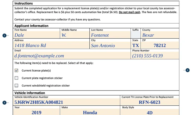 Part of our filled-in example of Texas VTR-60, Application for Replacement License Plate(s) and/or Registration Sticker, showing the filled-in entries