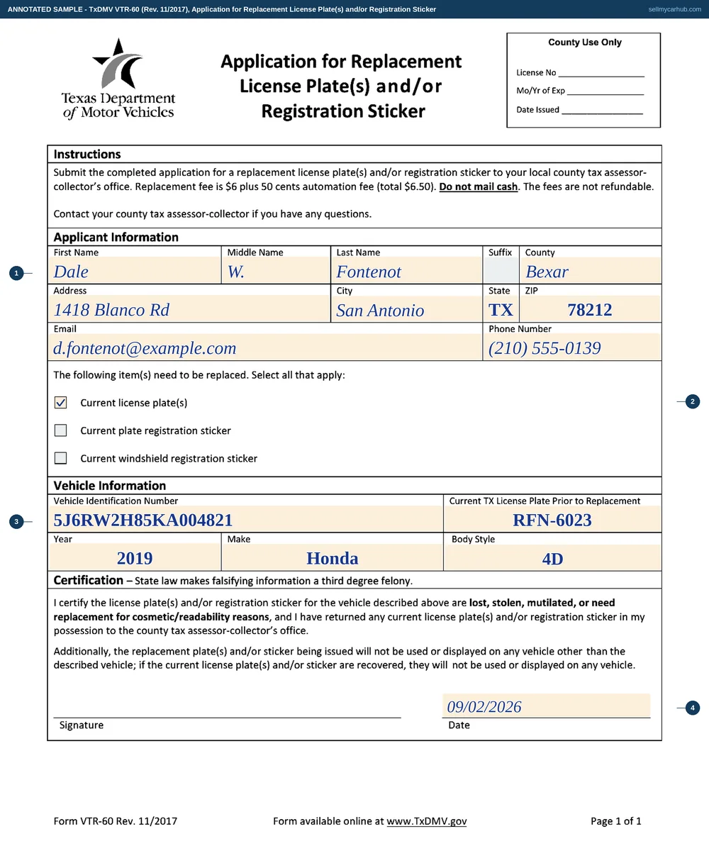 The Texas VTR-60 filled in: applicant Dale W. Fontenot of San Antonio in Bexar County, the current licence plates box ticked, a 2019 Honda CR-V with plate RFN-6023, dated 2 September 2026.