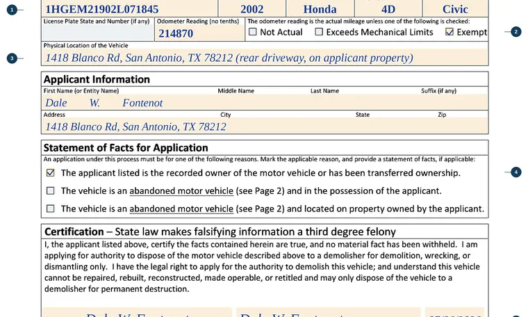Part of our filled-in example of Texas VTR-71-2, Application for Authority to Dispose of a Motor Vehicle to a Demolisher, showing the filled-in entries
