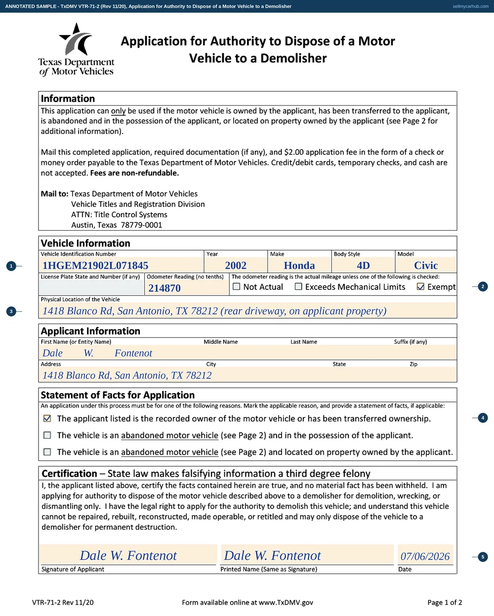 The Texas VTR-71-2 filled in: a 2002 Honda Civic with 214,870 miles and the Exempt odometer box ticked, sitting in the rear driveway at the applicant’s San Antonio address, applicant Dale W. Fontenot, the recorded-owner box ticked, signed 6 July 2026.