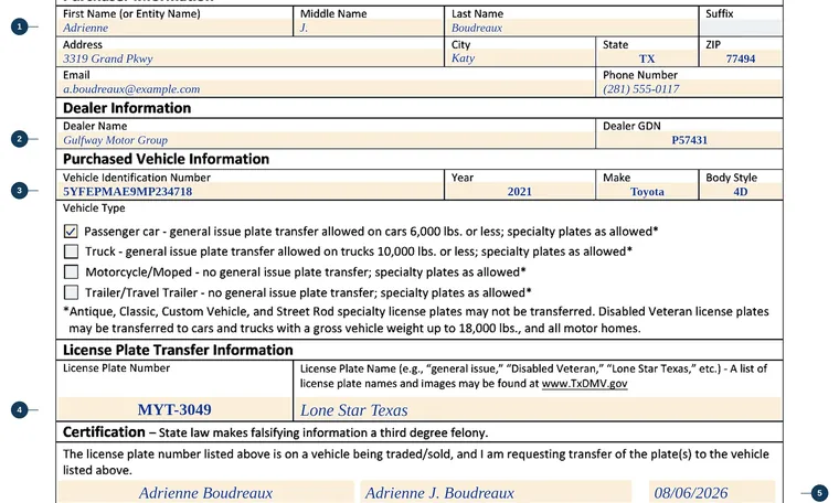 Part of our filled-in example of Texas VTR-904, License Plate Transfer Form, showing the filled-in entries