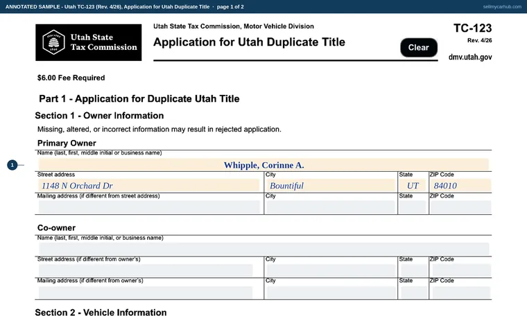 Top of page 1 of our filled-in example of Utah TC-123, Application for Utah Duplicate Title