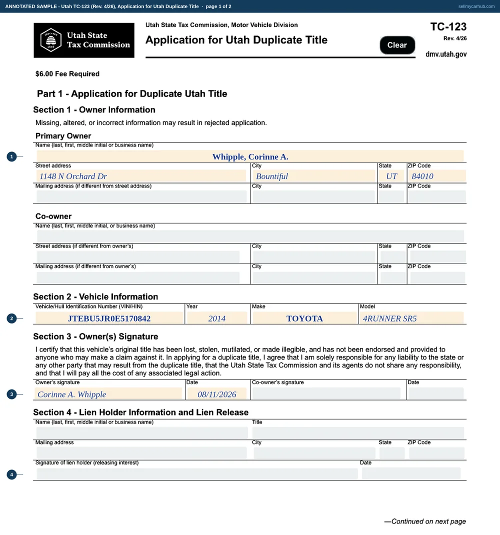 Both pages of Utah form TC-123 filled in as a lost-title sale: Corinne A. Whipple of Bountiful applying for a duplicate on a 2014 Toyota 4Runner, identification number JTEBU5JR0E5170842, and then assigning it in Part 2 with an odometer reading of 138,472 actual miles, a date of sale of 11 August 2026 and a sale price of $18,450.00 to Tomas E. Ballesteros of Spanish Fork.