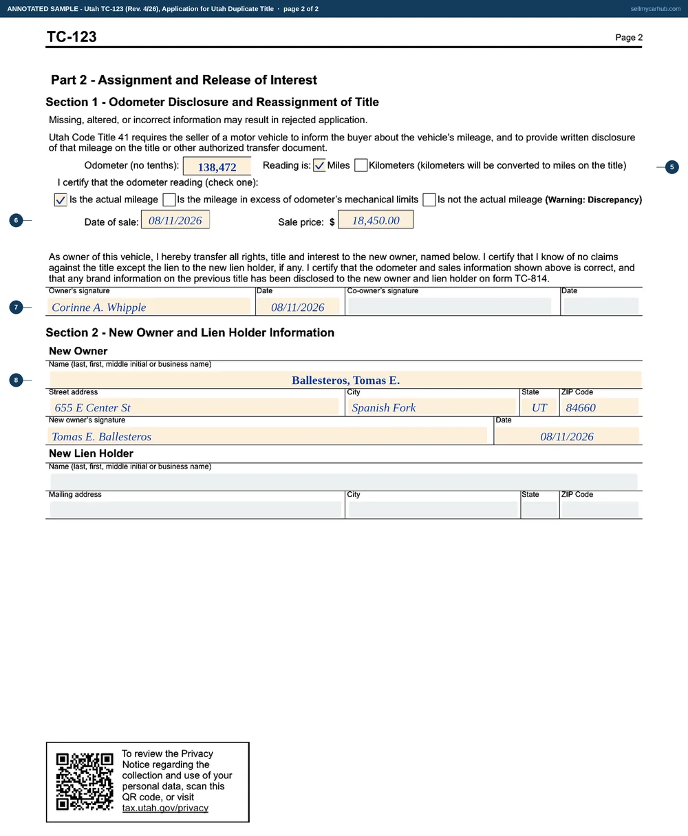 Page two of Utah form TC-123 filled in: an odometer reading of 138,472 with the actual mileage box ticked, a date of sale of 11 August 2026, a sale price of $18,450.00, the owner's signature, and the new owner Tomas E. Ballesteros of Spanish Fork printed, signed and addressed.