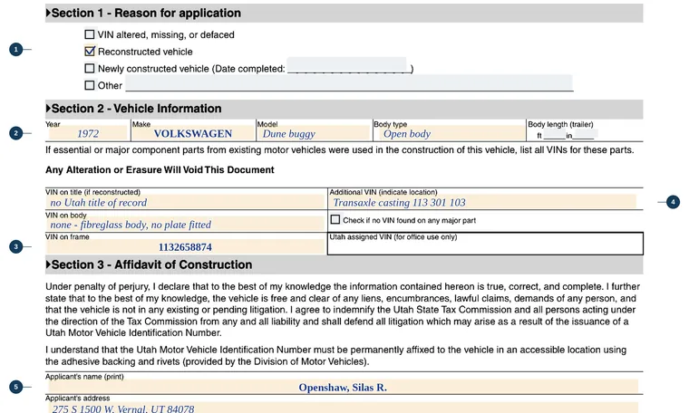 Part of our filled-in example of Utah TC-162, Application for Utah Motor Vehicle Identification Number, showing the filled-in entries
