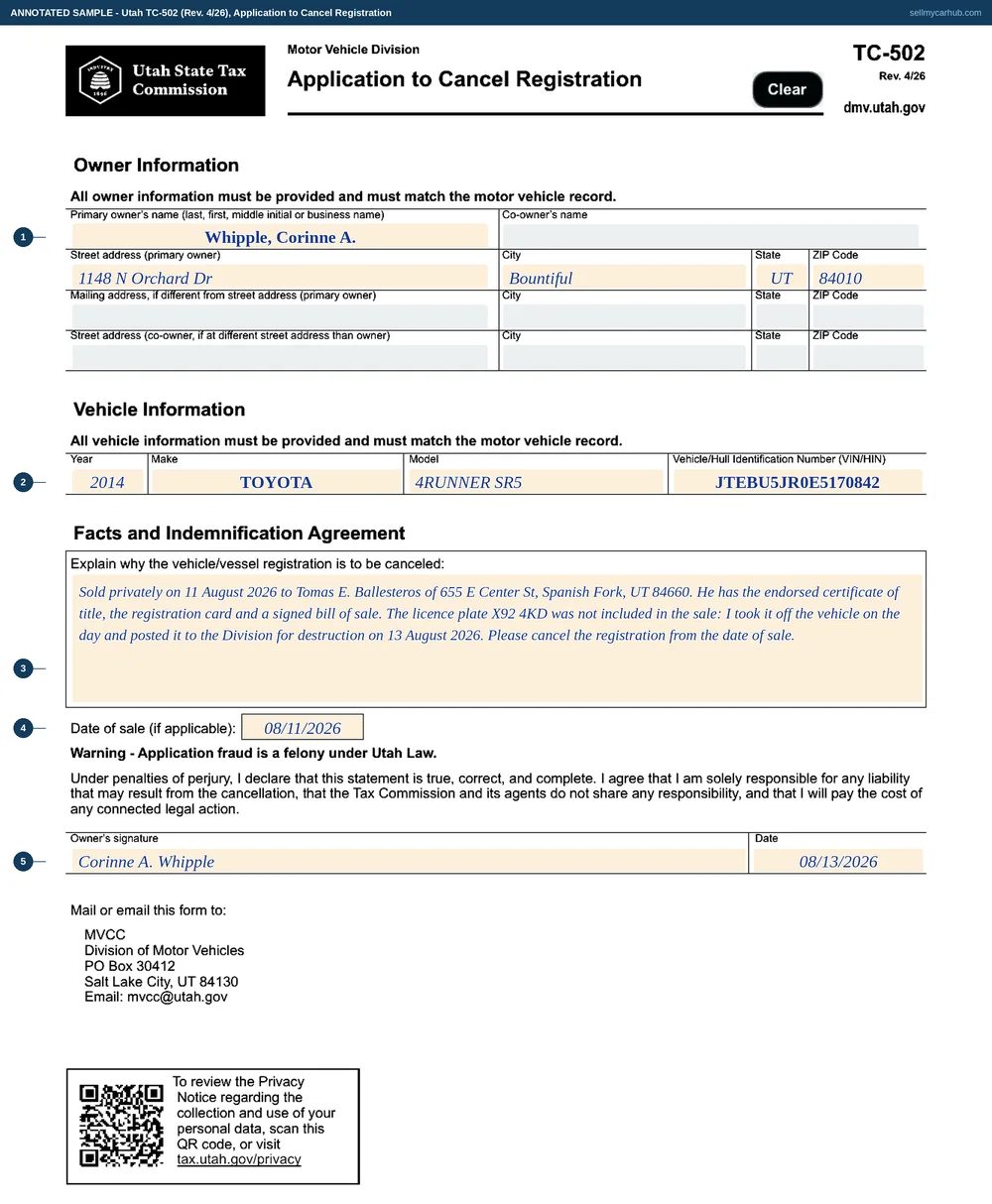 Utah form TC-502 filled in to report a sale: Corinne A. Whipple of Bountiful, a 2014 Toyota 4Runner with identification number JTEBU5JR0E5170842, an explanation that the vehicle was sold privately and the plate removed and returned, and a date of sale of 11 August 2026.