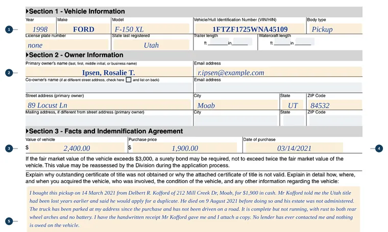 Part of our filled-in example of Utah TC-569A, Ownership Statement, showing the filled-in entries