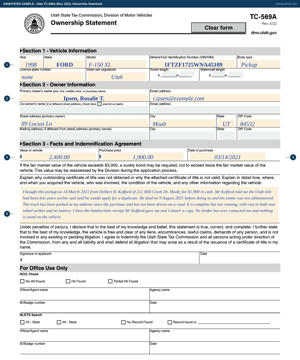 Utah form TC-569A filled in: a 1998 Ford F-150 with identification number 1FTZF1725WNA45109, owned by Rosalie T. Ipsen of Moab, valued at $2,400 with a purchase price of $1,900, and a detailed written explanation of how the truck was acquired from a neighbour's estate with no certificate of title.