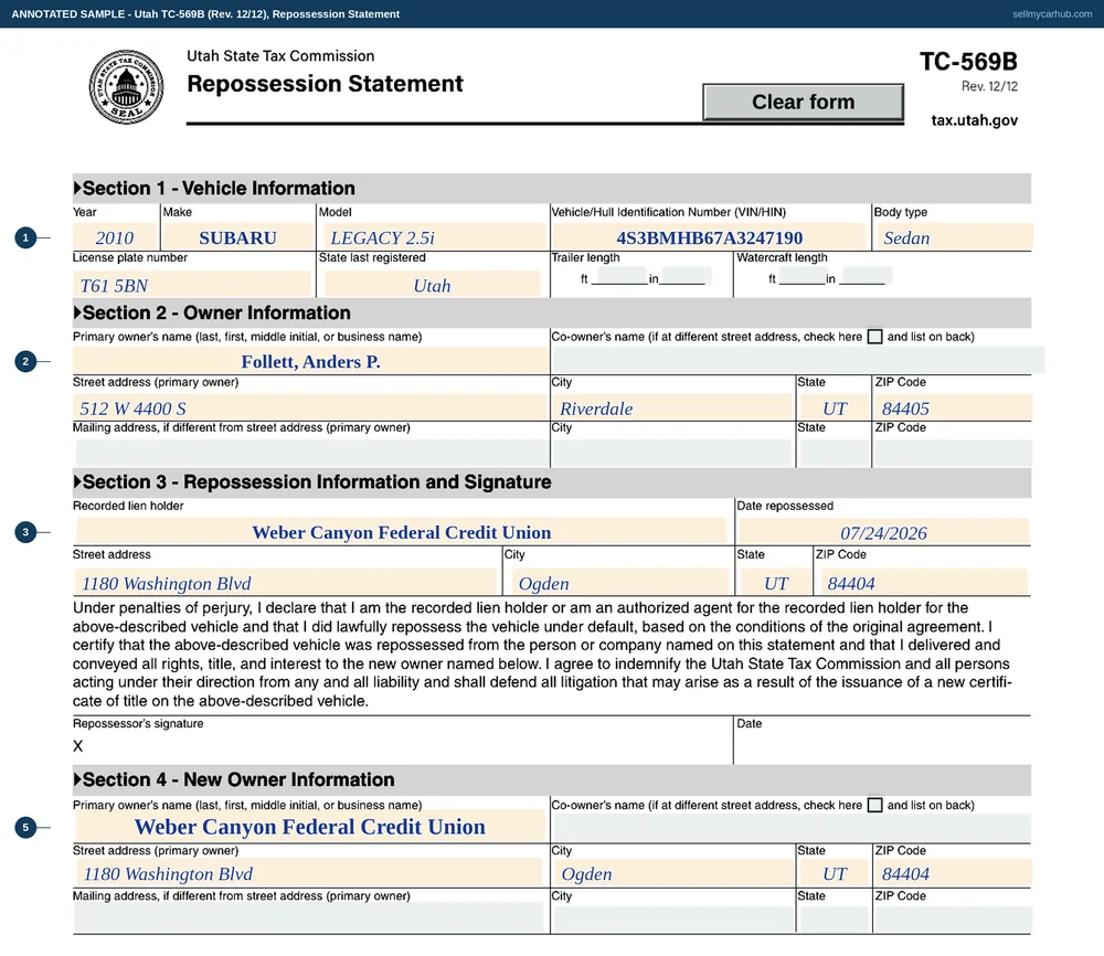 Utah form TC-569B filled in by a lender: a 2010 Subaru Legacy with identification number 4S3BMHB67A3247190 repossessed from Anders P. Follett of Riverdale by Weber Canyon Federal Credit Union on 24 July 2026, conveyed to a new owner, and signed by the repossessor.