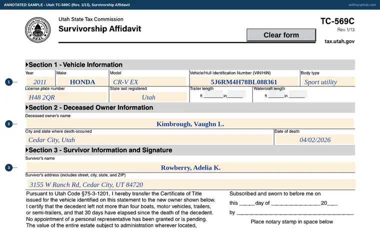 Top of our filled-in example of Utah TC-569C, Survivorship Affidavit