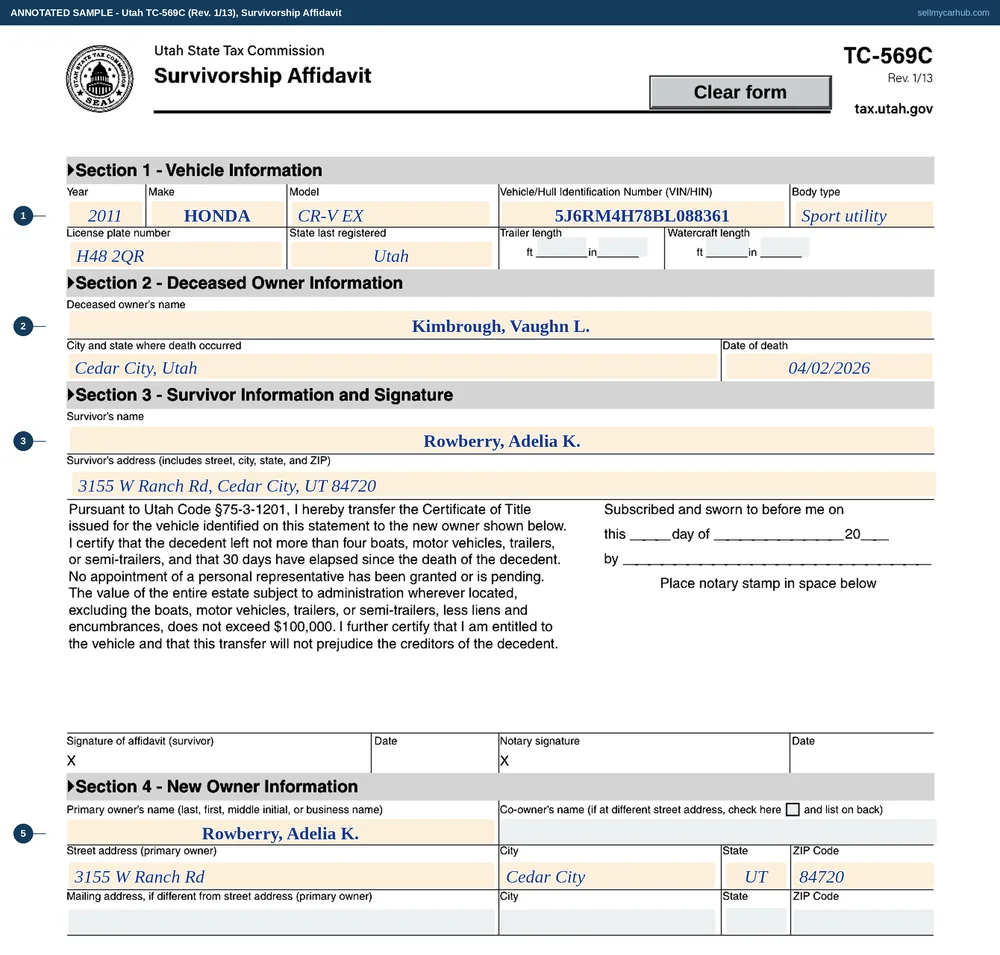 Utah form TC-569C filled in: a 2011 Honda CR-V with identification number 5J6RM4H78BL088361 belonging to Vaughn L. Kimbrough, who died in Cedar City on 2 April 2026, transferred by survivor Adelia K. Rowberry, with the notarial block completed and the new owner recorded.