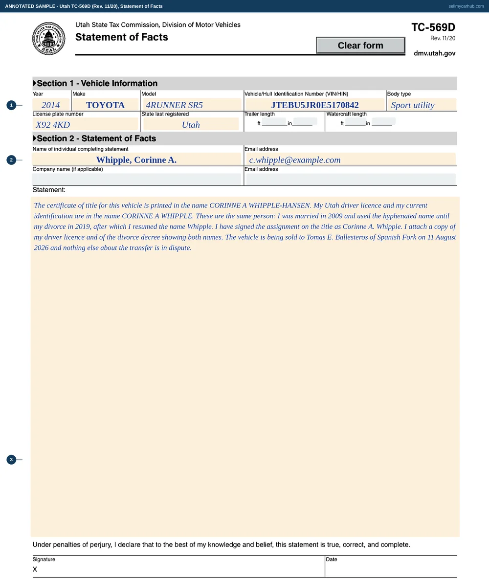 Utah form TC-569D filled in by a seller whose name is spelled two ways: a 2014 Toyota 4Runner with identification number JTEBU5JR0E5170842, plate X92 4KD, and a written statement from Corinne A. Whipple explaining that the certificate of title reads Corinne Whipple-Hansen and that the two names are the same person, signed and dated 11 August 2026.