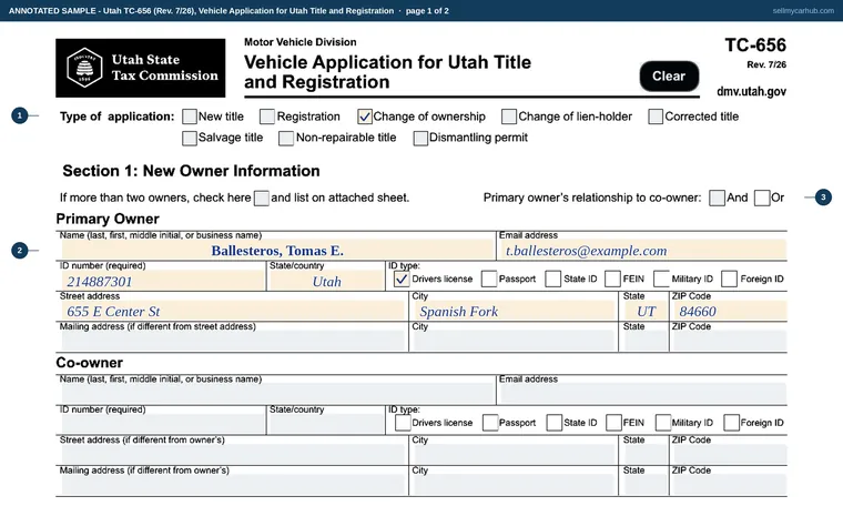 Top of page 1 of our filled-in example of Utah TC-656, Vehicle Application for Utah Title and Registration