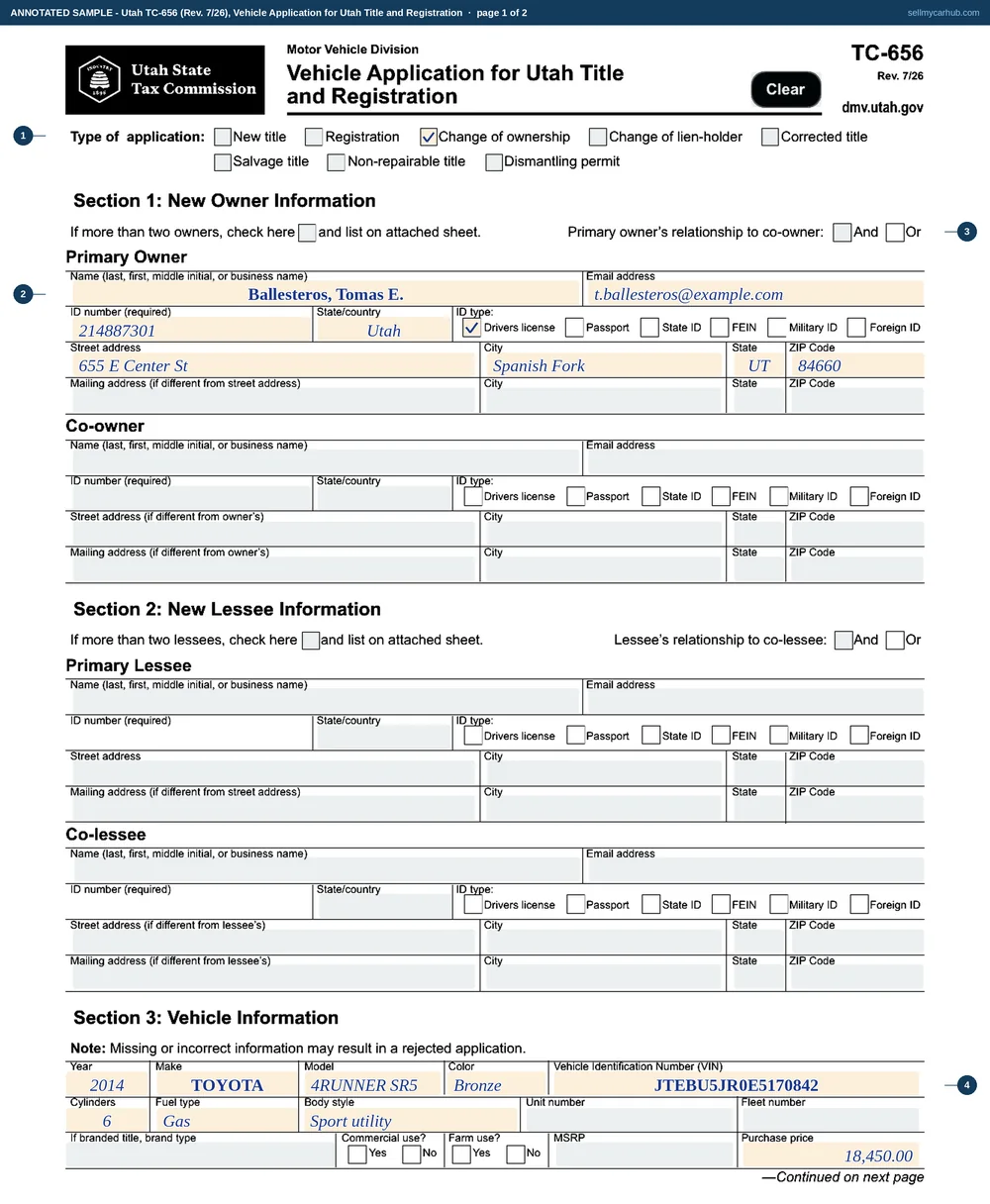 Both pages of Utah form TC-656 filled in as a change of ownership: a 2014 Toyota 4Runner, identification number JTEBU5JR0E5170842, being titled to Tomas E. Ballesteros of Spanish Fork with a purchase price of $18,450.00 and an odometer reading of 138,472 actual miles, signed and dated with no lien holder and no dealer block completed.