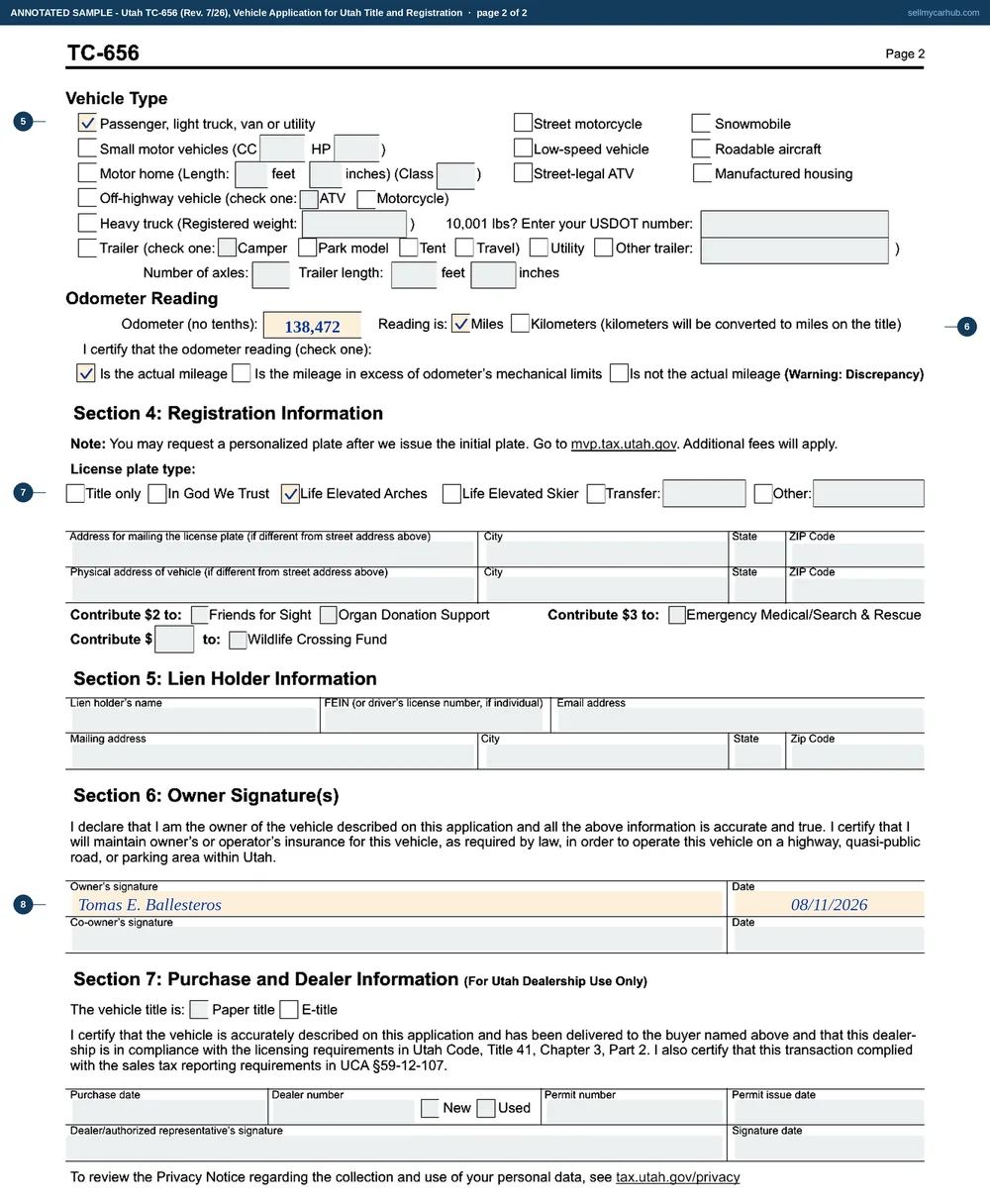 Both pages of Utah form TC-656 filled in as a change of ownership: a 2014 Toyota 4Runner, identification number JTEBU5JR0E5170842, being titled to Tomas E. Ballesteros of Spanish Fork with a purchase price of $18,450.00 and an odometer reading of 138,472 actual miles, signed and dated with no lien holder and no dealer block completed.