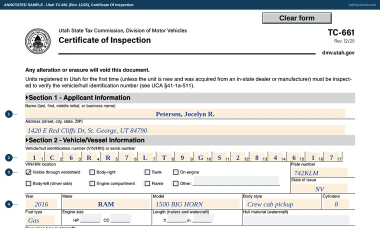 Top of our filled-in example of Utah TC-661, Certificate of Inspection
