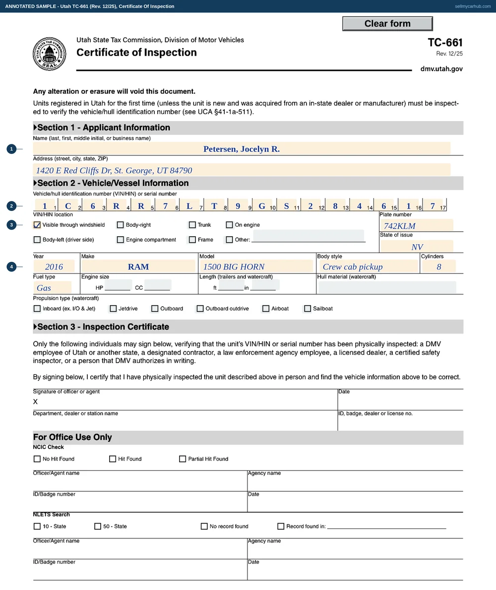 Utah form TC-661 filled in for a vehicle arriving from Nevada: applicant Jocelyn R. Petersen of St. George, a 2016 Ram 1500 with identification number 1C6RR7LT9GS284617 entered one character per box across the seventeen-box comb, the visible through windshield location ticked, and a certified safety inspector signing the inspection certificate.