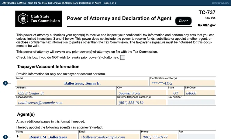 Top of page 1 of our filled-in example of Utah TC-737, Power of Attorney and Declaration of Agent