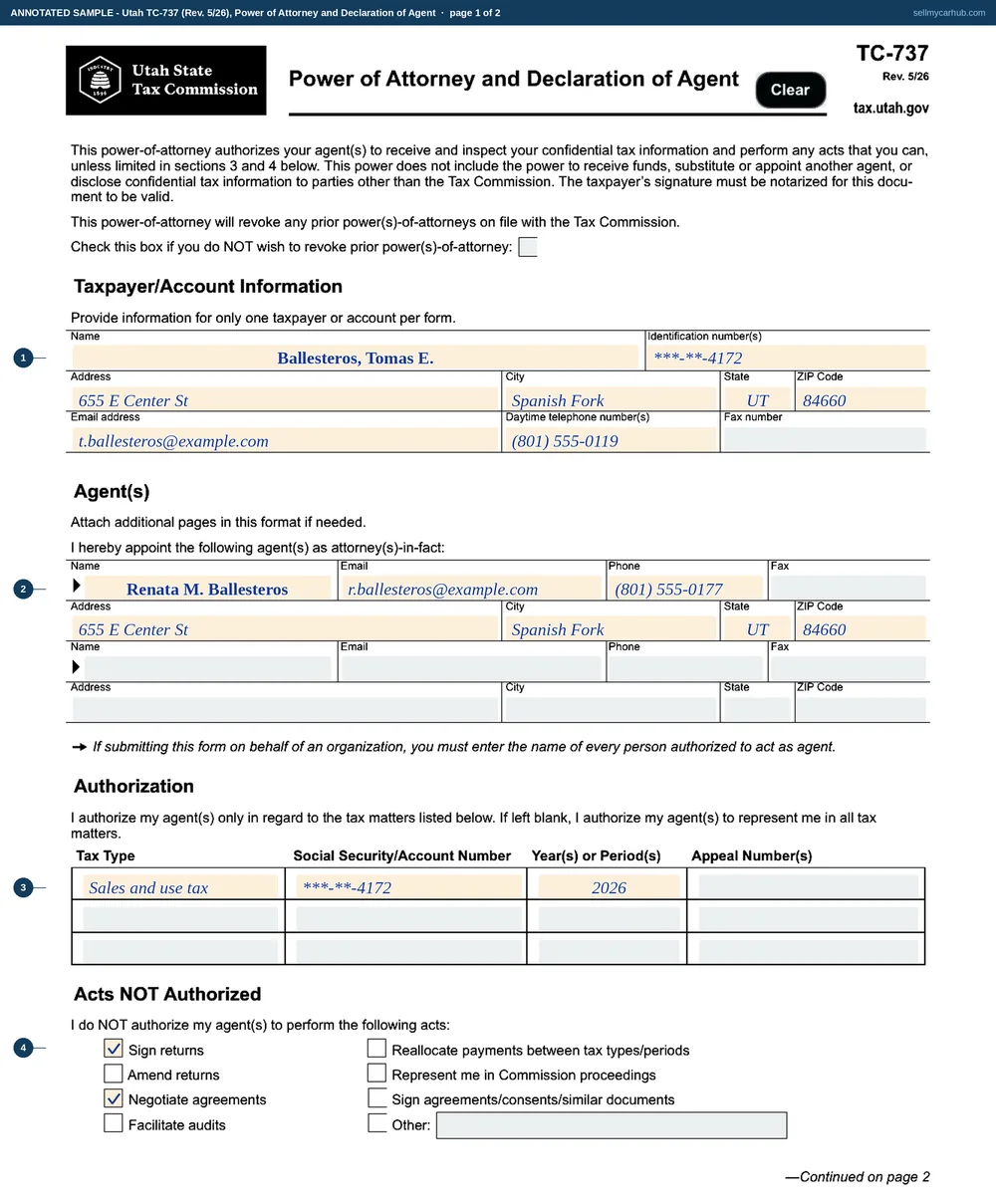 Both pages of Utah form TC-737 filled in as a tax power of attorney: taxpayer Tomas E. Ballesteros of Spanish Fork appointing Renata M. Ballesteros to deal with a sales and use tax matter for the 2026 period, with two acts withheld in the Acts Not Authorized block, and the signature page completed for a notary to acknowledge.