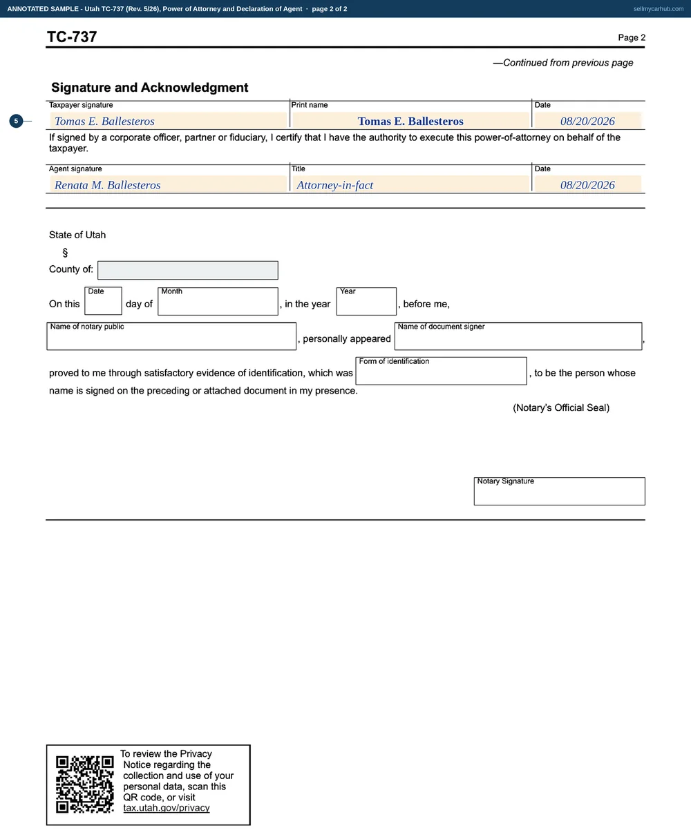 Both pages of Utah form TC-737 filled in as a tax power of attorney: taxpayer Tomas E. Ballesteros of Spanish Fork appointing Renata M. Ballesteros to deal with a sales and use tax matter for the 2026 period, with two acts withheld in the Acts Not Authorized block, and the signature page completed for a notary to acknowledge.