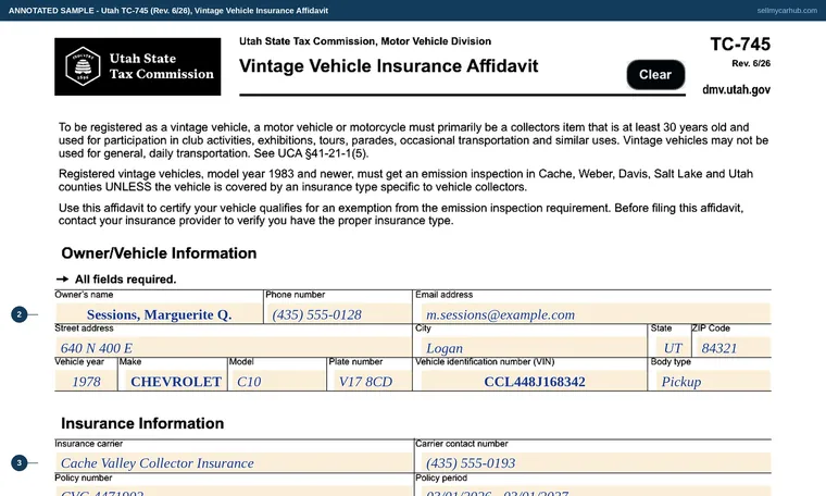 Top of our filled-in example of Utah TC-745, Vintage Vehicle Insurance Affidavit