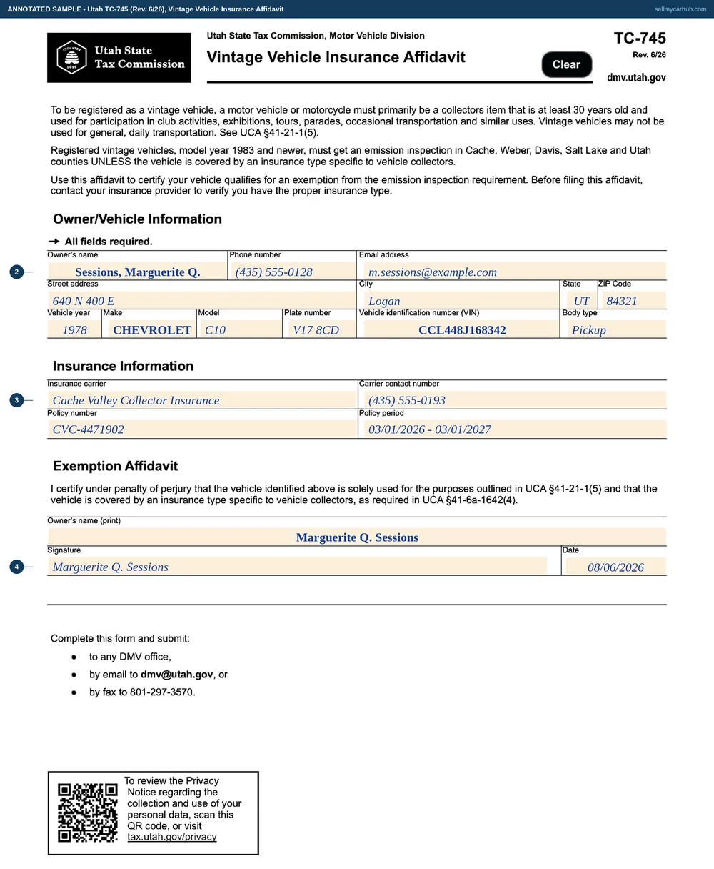Utah form TC-745 filled in: a 1978 Chevrolet C10 pickup owned by Marguerite Q. Sessions of Logan, plate and identification number recorded, insured on a collector policy with the carrier, policy number and policy period written in, and the exemption affidavit signed and dated.