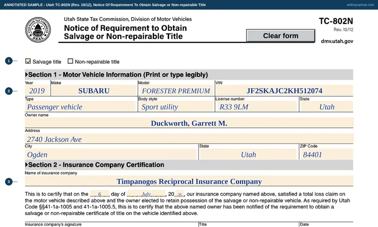Top of our filled-in example of Utah TC-802N, Notice of Requirement to Obtain Salvage or Non-repairable Title