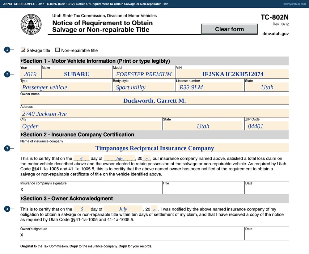 Utah form TC-802N filled in: the salvage title box ticked for a 2019 Subaru Forester with identification number JF2SKAJC2KH512074 owned by Garrett M. Duckworth of Ogden, an insurer certifying a total loss settlement on 6 July 2026, and the owner acknowledging notification on the same date.