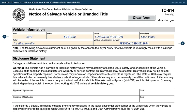 Top of our filled-in example of Utah TC-814, Notice of Salvage Vehicle or Branded Title