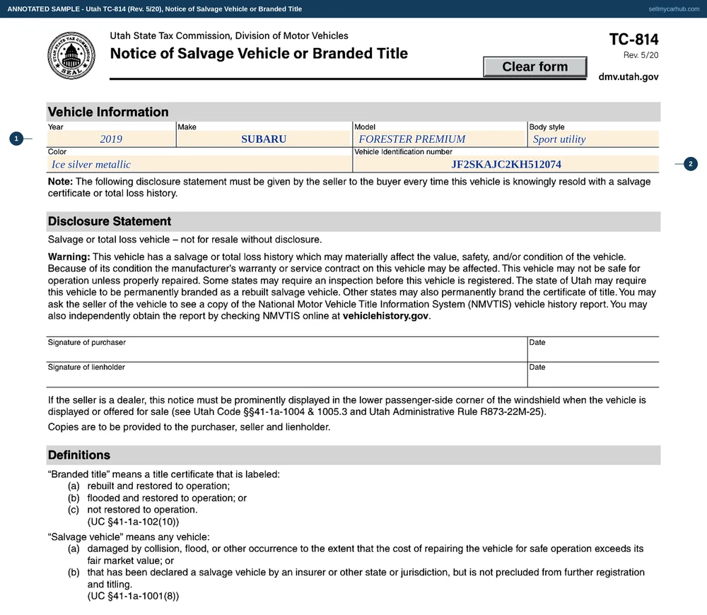 Utah form TC-814 filled in for a rebuilt vehicle: a 2019 Subaru Forester, silver, with identification number JF2SKAJC2KH512074, and the purchaser signing to acknowledge the salvage and total loss disclosure on 18 August 2026.