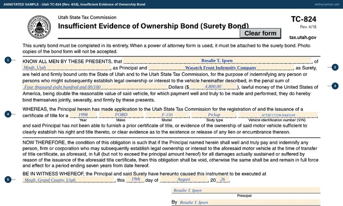 Top of our filled-in example of Utah TC-824, Insufficient Evidence of Ownership Bond (Surety Bond)
