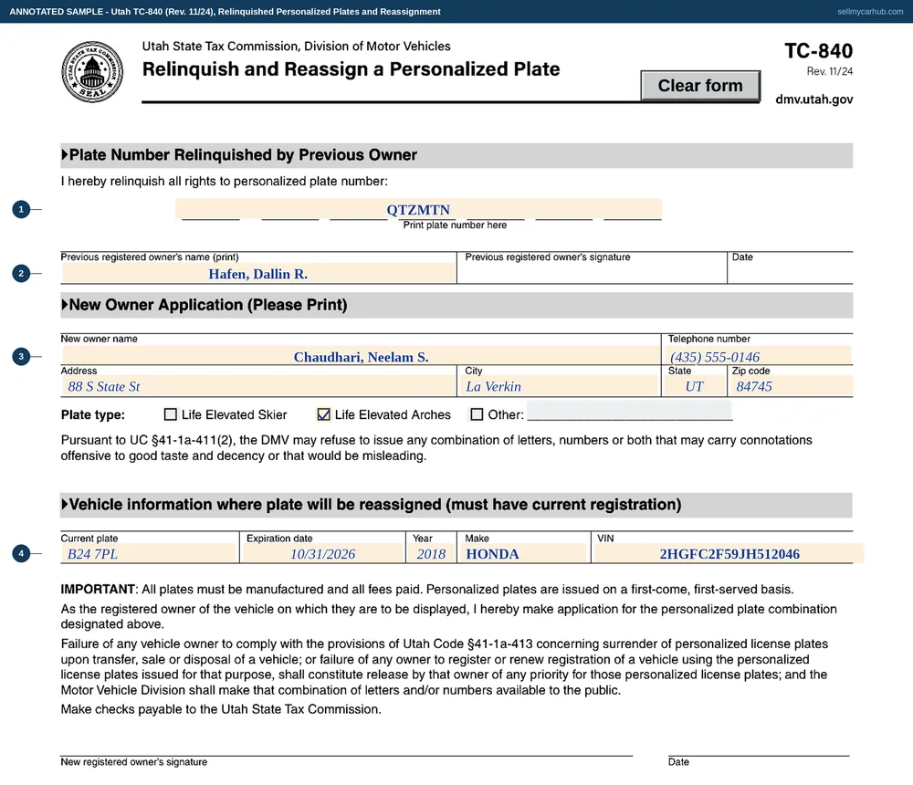 Utah form TC-840 filled in: Dallin R. Hafen of Hurricane relinquishing the personalised plate QTZMTN, and Neelam S. Chaudhari of La Verkin applying for it on a currently registered 2018 Honda Civic, with the Life Elevated Arches design ticked.