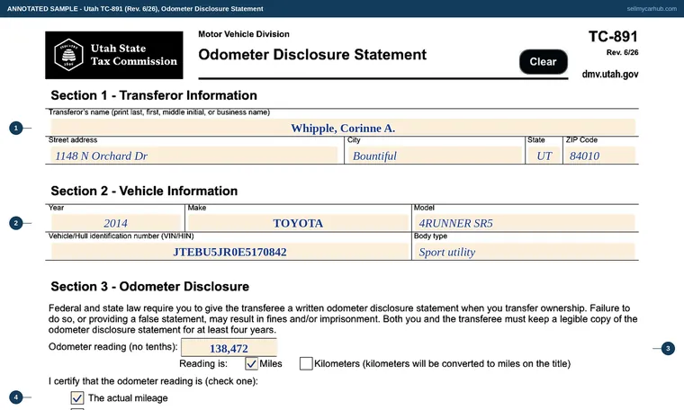 Top of our filled-in example of Utah TC-891, Odometer Disclosure Statement