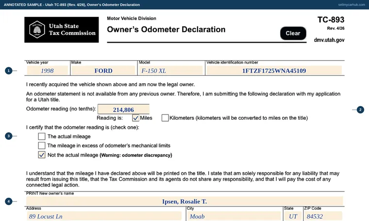 Top of our filled-in example of Utah TC-893, Owner's Odometer Declaration