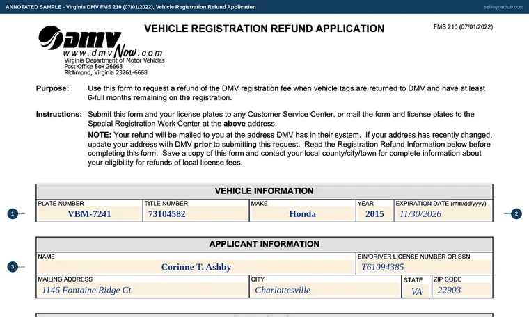 Top of our filled-in example of Virginia FMS 210, Vehicle Registration Refund Application