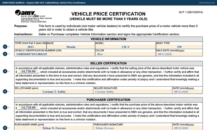 Top of our filled-in example of Virginia SUT 1, Vehicle Price Certification (vehicle must be more than 5 years old)