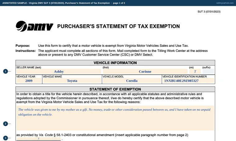 Top of page 1 of our filled-in example of Virginia SUT 3, Purchaser's Statement of Tax Exemption