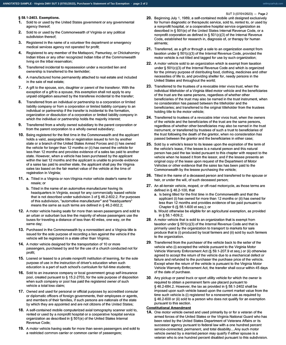 The Virginia DMV SUT 3 filled in for a 2009 Toyota Corolla given by Corinne T. Ashby to her daughter: a written explanation that no money or consideration passed, the figure 7 entered as the applicable paragraph, the DAUGHTER box ticked, and the recipient Bethany R. Ashby certifying and dating the form.