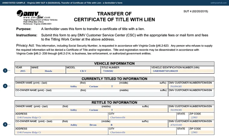 Top of our filled-in example of Virginia SUT 4, Transfer of Certificate of Title with Lien