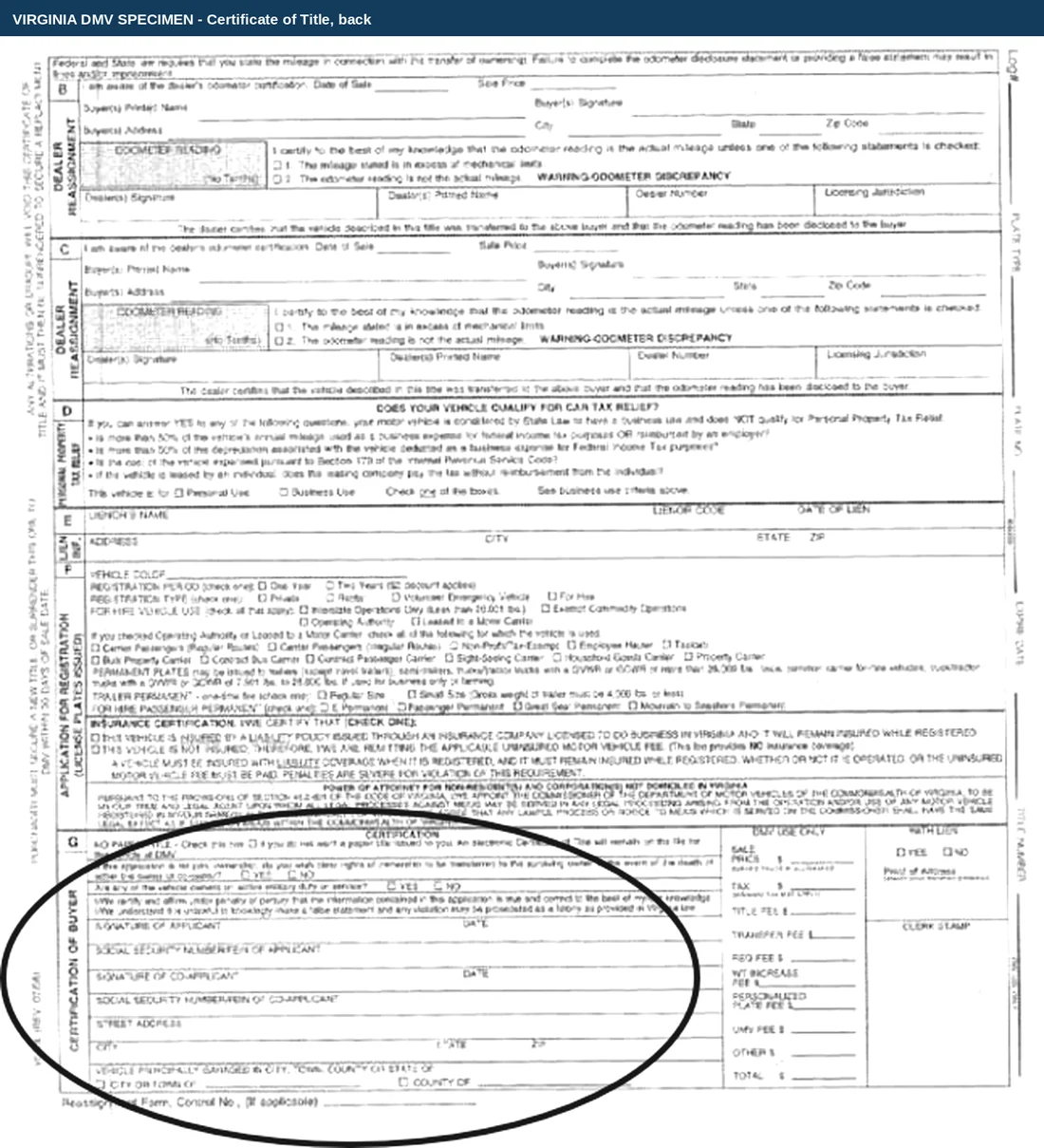 The reverse of a Virginia certificate of title, showing two dealer reassignment blocks with their own odometer statements, a personal property tax relief questionnaire, a lien information strip, an application for registration with insurance certification, and a certification of buyer block circled by the department in red.