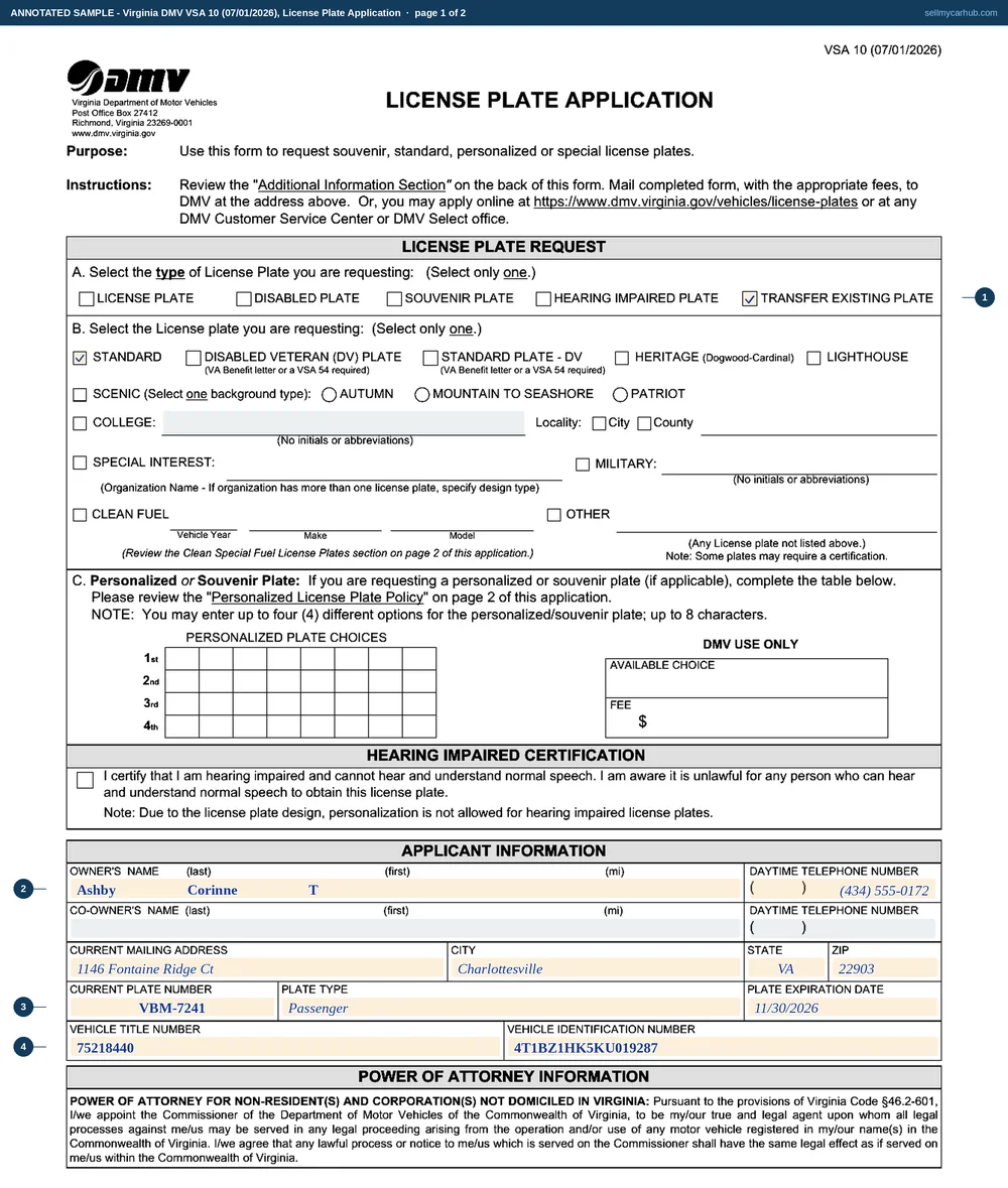 The Virginia DMV VSA 10 filled in as a plate transfer: transfer existing plate ticked in section A, a standard plate selected, applicant Corinne T. Ashby of Charlottesville, the current plate number VBM-7241 with its type and expiration date, and the title number and vehicle identification number of the replacement vehicle.