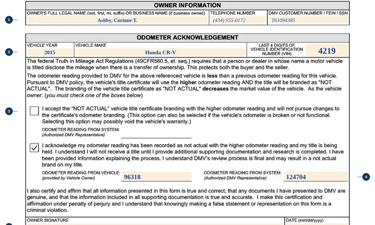 Part of our filled-in example of Virginia VSA 11, Odometer Discrepancy Acknowledgement, showing the filled-in entries