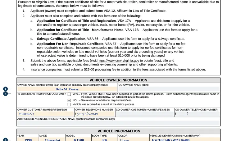 Part of page 1 of our filled-in example of Virginia VSA 12, Affidavit in Lieu of Title Certificate, showing the filled-in entries