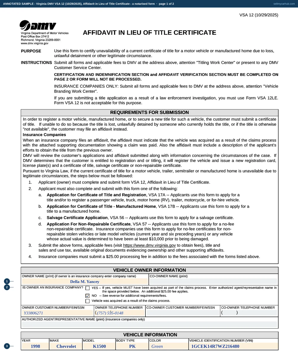 The Virginia DMV VSA 12 filled in for a 1998 Chevrolet K1500 whose certificate cannot be found: owner Della M. Yancey of Chesapeake, the insurance-company question answered no, the vehicle described, a written account on page two of how the truck was acquired and every place the title was searched for, and a completed notarisation block.