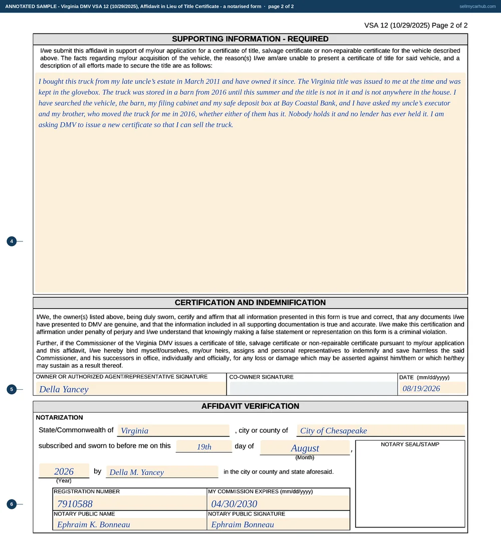 The Virginia DMV VSA 12 filled in for a 1998 Chevrolet K1500 whose certificate cannot be found: owner Della M. Yancey of Chesapeake, the insurance-company question answered no, the vehicle described, a written account on page two of how the truck was acquired and every place the title was searched for, and a completed notarisation block.