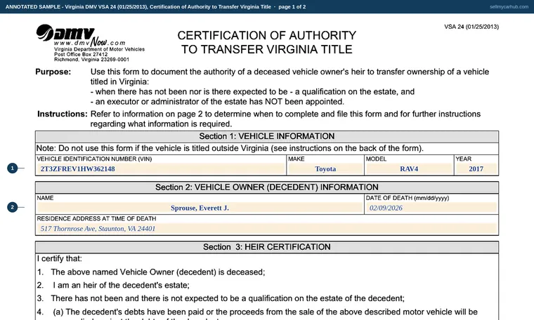 Top of page 1 of our filled-in example of Virginia VSA 24, Certification of Authority to Transfer Virginia Title